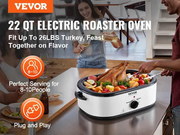 El horno asador eléctrico VEVOR tiene capacidad para 8 a 10 personas y tiene una capacidad de 22 cuartos de galón para hasta 26 libras de pavo, perfecto para reuniones.
