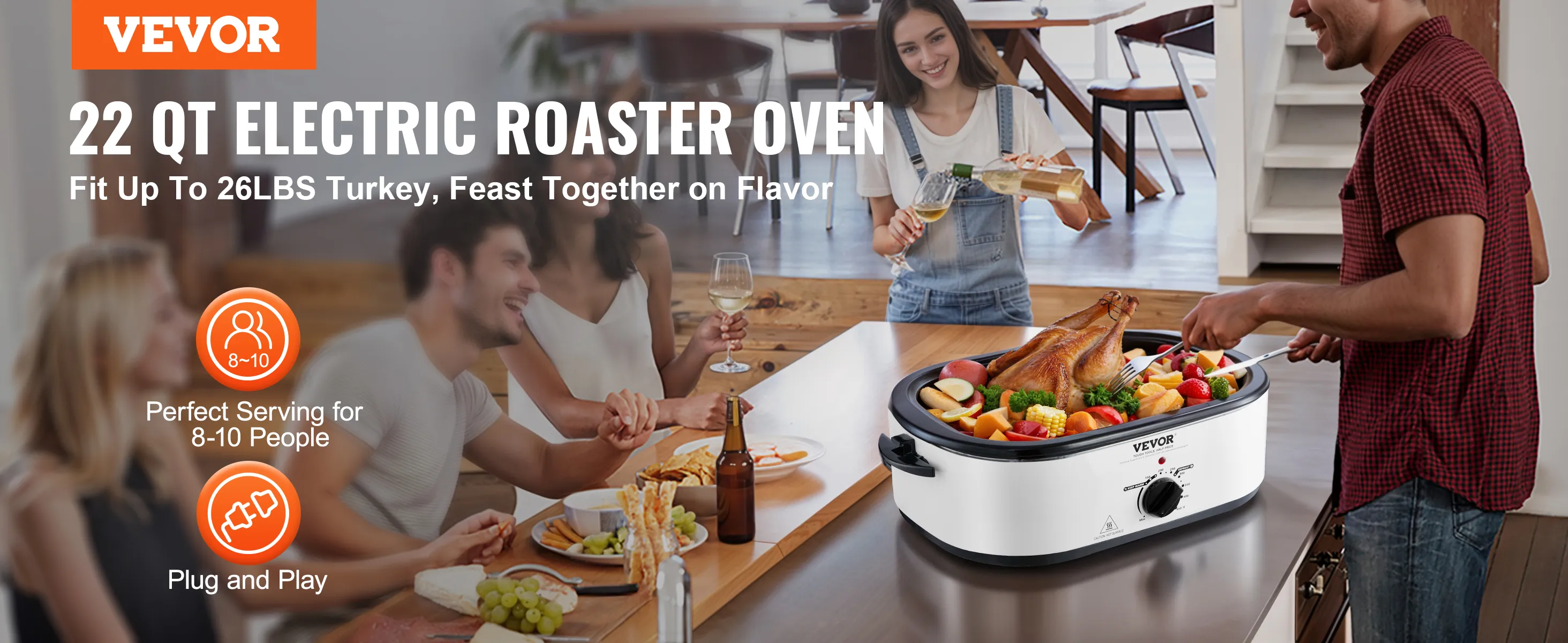 El horno asador eléctrico VEVOR tiene capacidad para 8 a 10 personas y tiene una capacidad de 22 cuartos de galón para hasta 26 libras de pavo, perfecto para reuniones.