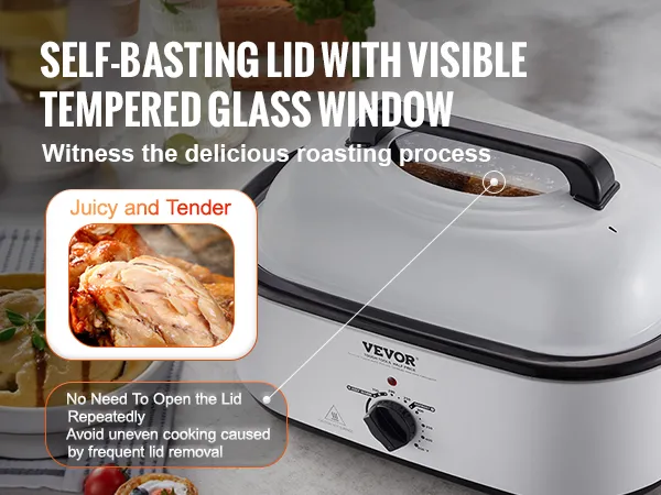 Horno tostador eléctrico VEVOR con tapa autocalentable, ventana de vidrio templado visible y asado tierno.