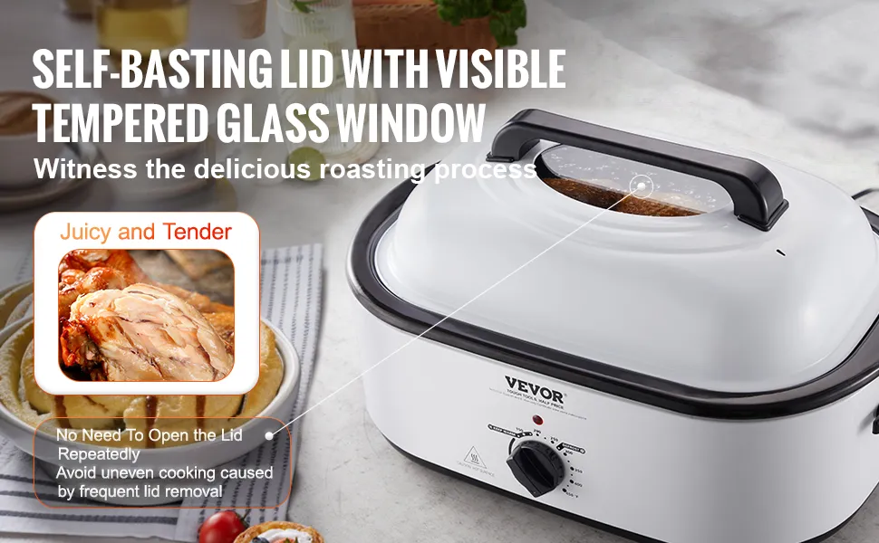 VEVOR Electric Roaster Oven, 22 QT Turkey Roaster Oven with Self-Basting Lid, 1450W Roaster Oven with Defrost & Warm Function, Adjustable Temp, Removable Pan & Rack, Fits Turkeys Up to 26LBS, White