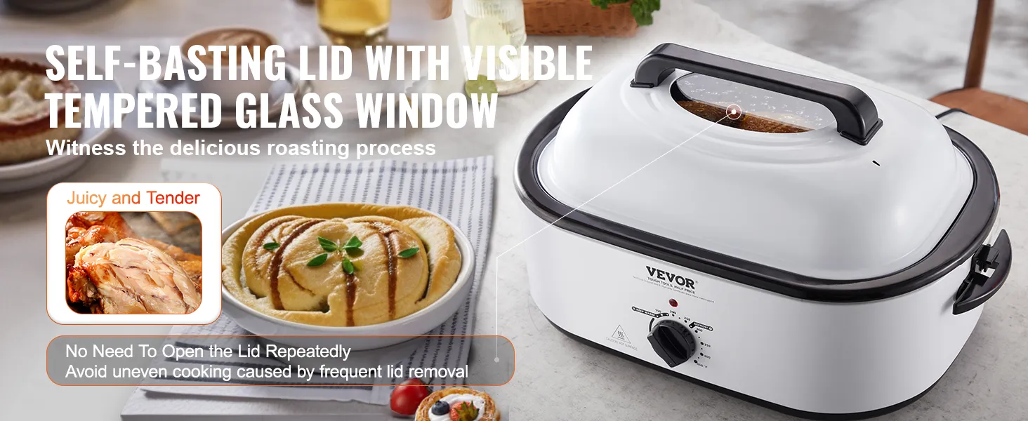 Horno tostador eléctrico VEVOR con tapa autocalentable, ventana de vidrio templado visible y asado tierno.