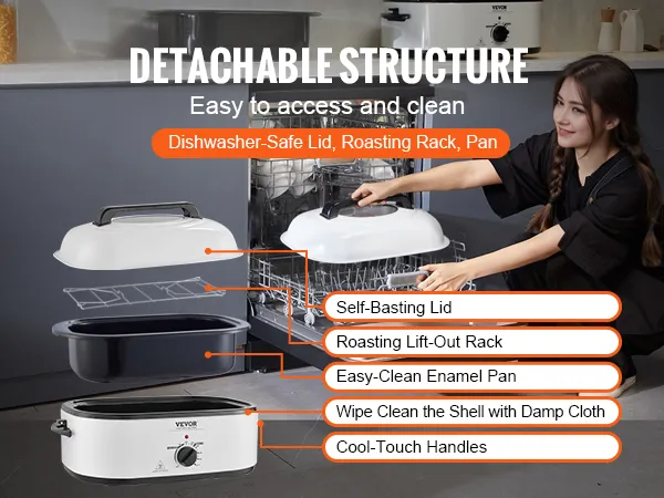 Horno tostador eléctrico VEVOR con tapa autolimpiable desmontable, bandeja de fácil limpieza y asas frías al tacto.