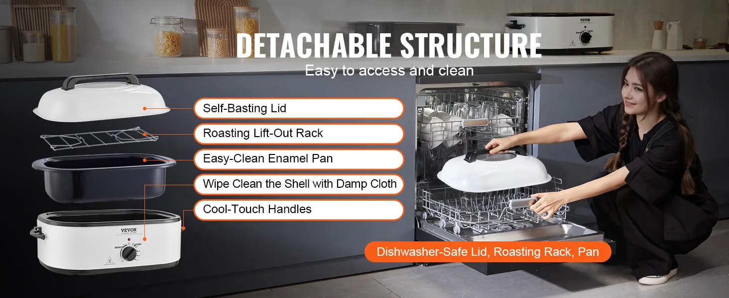 Horno tostador eléctrico VEVOR con tapa autolimpiable desmontable, bandeja de fácil limpieza y asas frías al tacto.