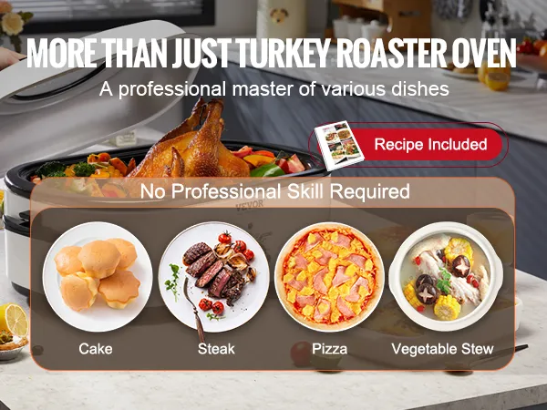 Horno asador eléctrico VEVOR para cocinar pavo con verduras, pastel, filete, pizza y guiso de verduras.