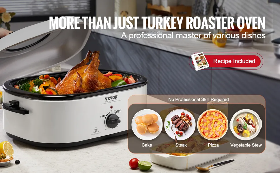 VEVOR Electric Roaster Oven, 22 QT Turkey Roaster Oven with Self-Basting Lid, 1450W Roaster Oven with Defrost & Warm Function, Adjustable Temp, Removable Pan & Rack, Fits Turkeys Up to 26LBS, White