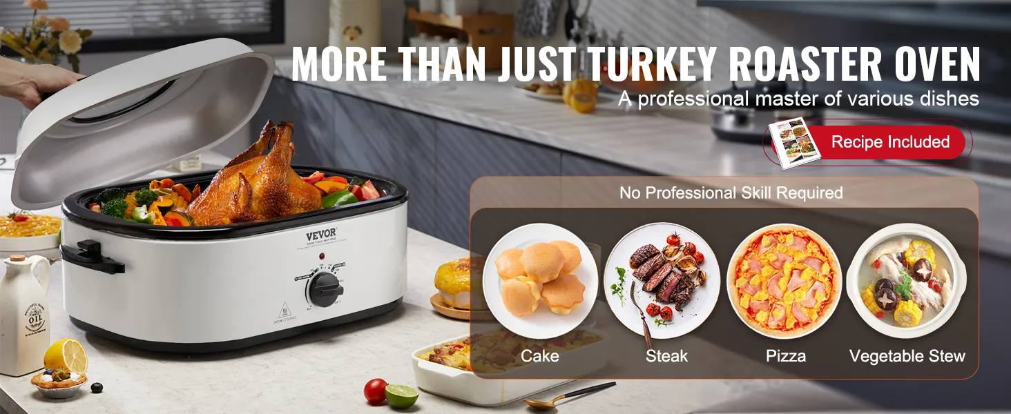 Horno asador eléctrico VEVOR para cocinar pavo con verduras, pastel, filete, pizza y guiso de verduras.