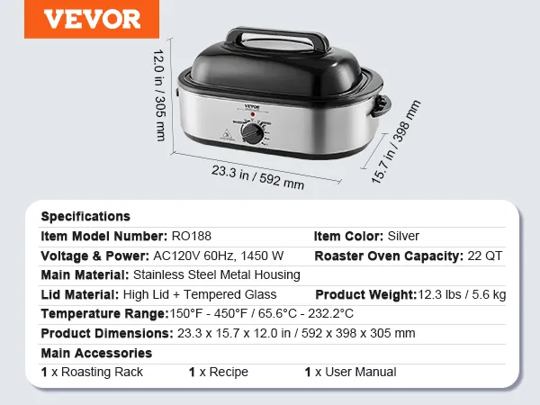 Horno asador de pavo VEVOR con carcasa de acero inoxidable, tapa alta y capacidad de 22 qt.