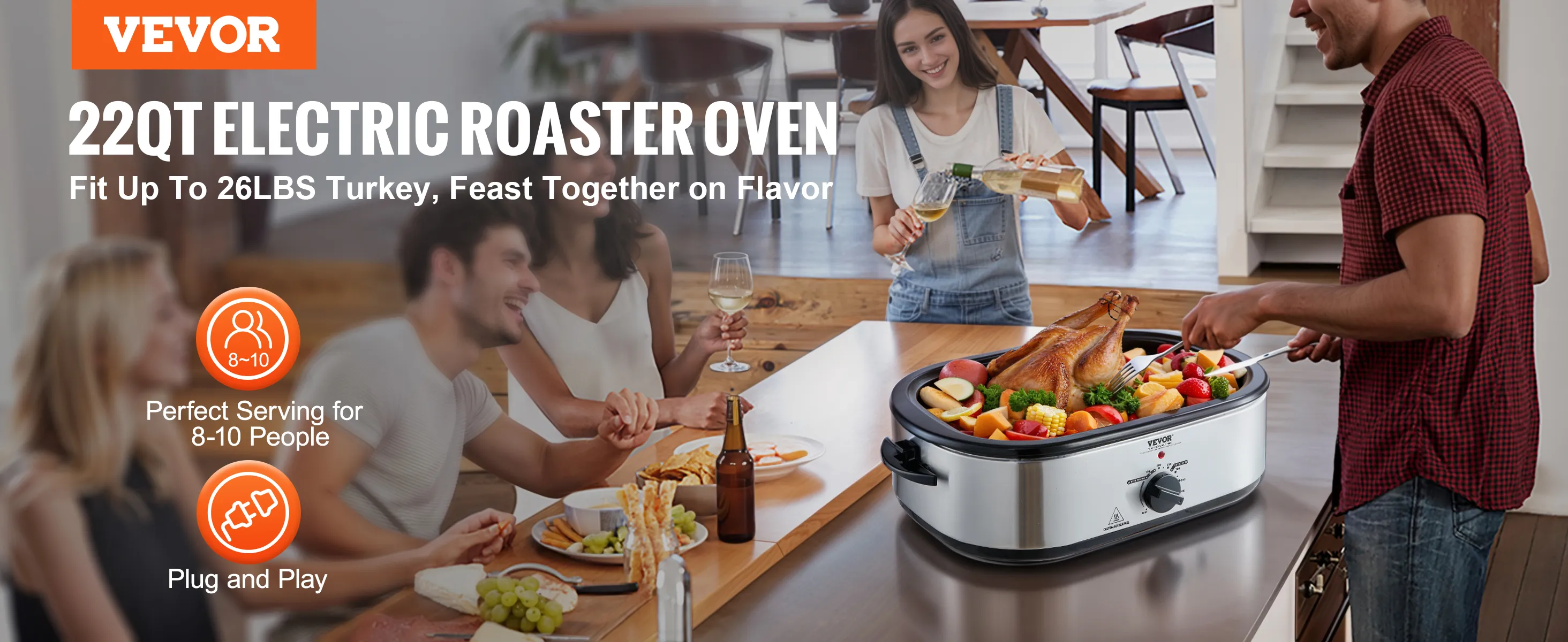 Horno asador de pavo VEVOR de 22 qt, perfecto para servir de 8 a 10 personas, admite pavo de hasta 26 libras, listo para usar.