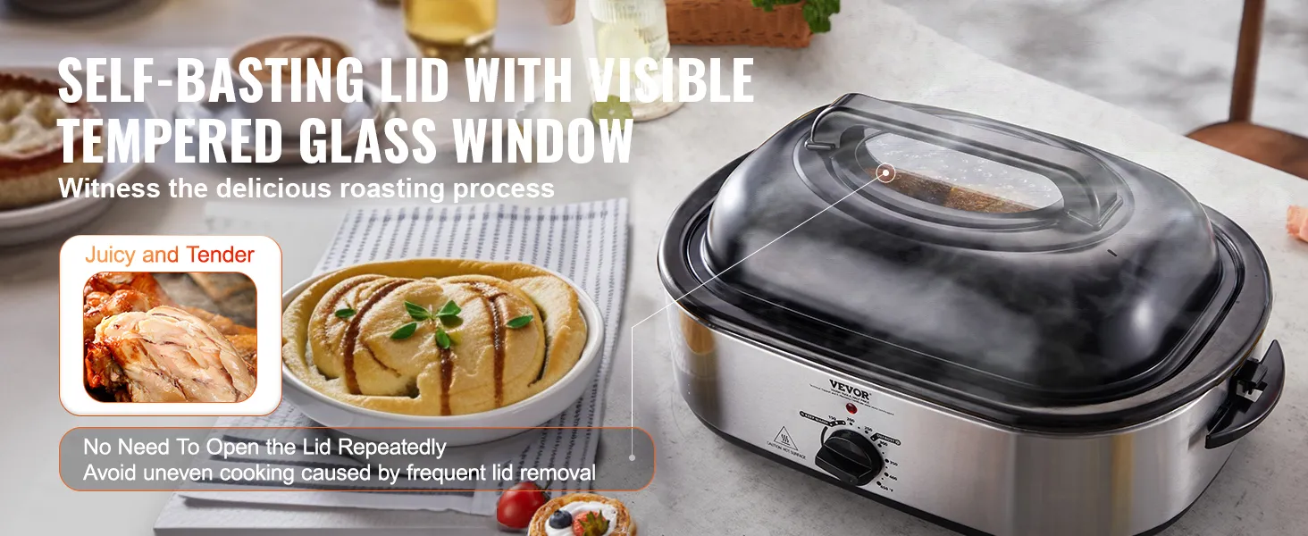 Horno asador de pavo VEVOR con tapa autocalentable y ventana de vidrio templado visible sobre una encimera de cocina.