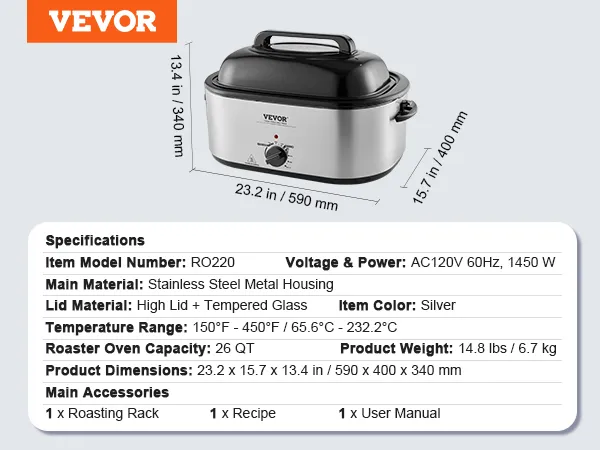 Horno tostador eléctrico VEVOR con especificaciones, tapa negra, cuerpo plateado y control de dial. Capacidad de 26 qt.