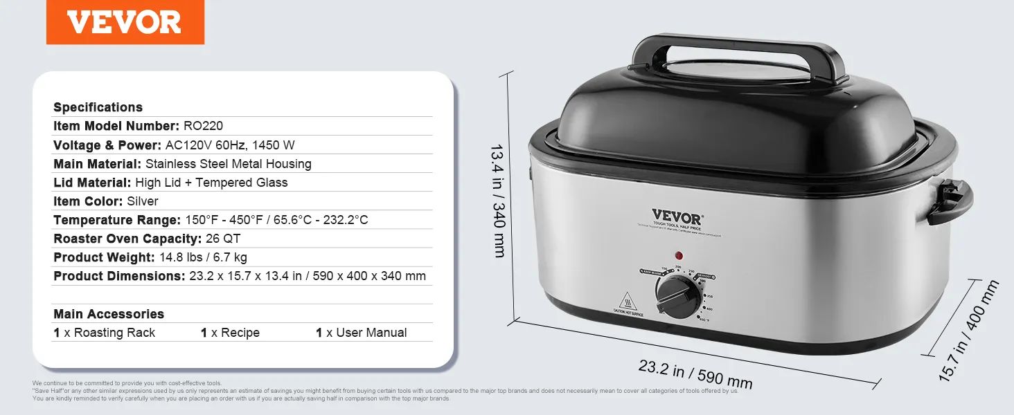 Horno tostador eléctrico VEVOR con especificaciones, tapa negra, cuerpo plateado y control de dial. Capacidad de 26 qt.
