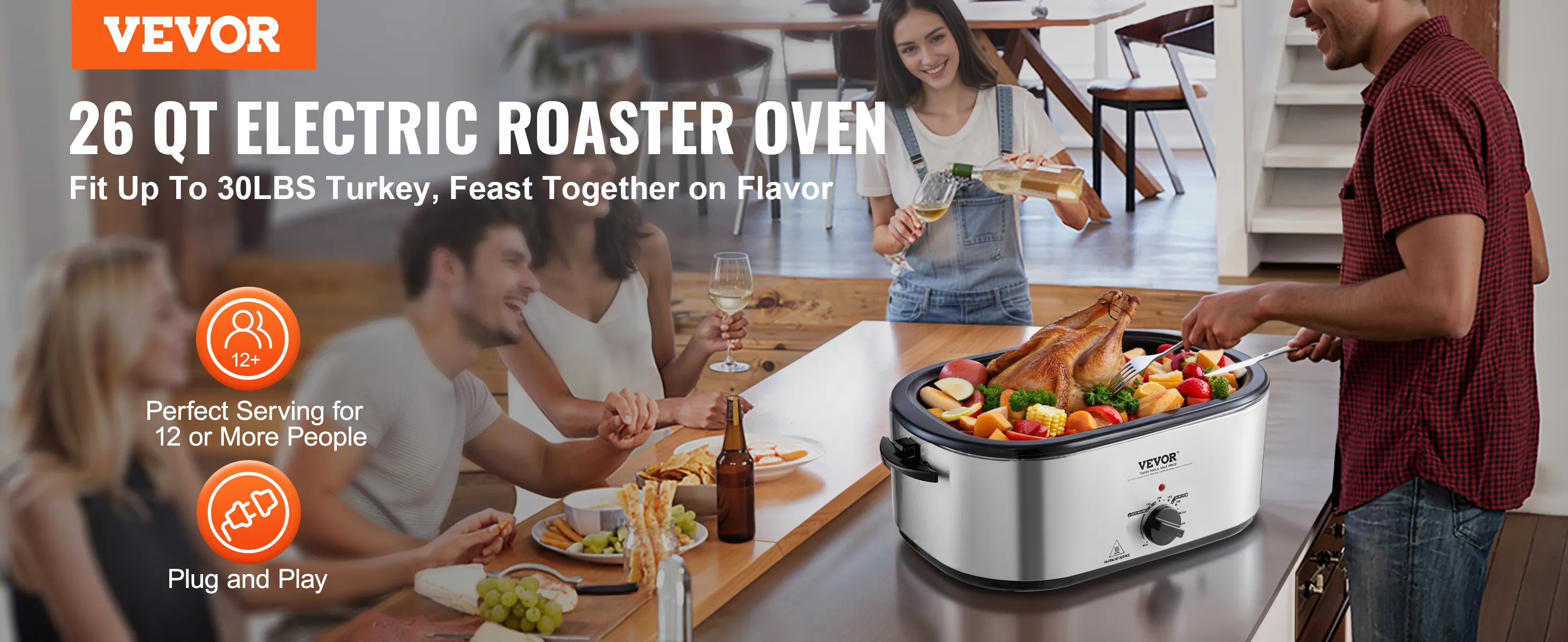 Horno asador eléctrico VEVOR, 26 qt, para 12 o más personas, perfecto para un pavo de 30 lb, listo para usar.