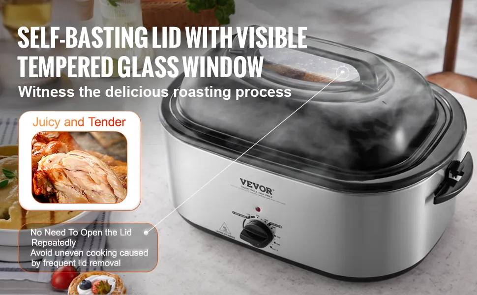 VEVOR Electric Roaster Oven, 26 QT Turkey Roaster Oven with Self-Basting Lid, 1450W Roaster Oven with Defrost & Warm Function, Adjustable Temperature, Removable Pan & Rack, Fits Turkeys Up to 30LBS