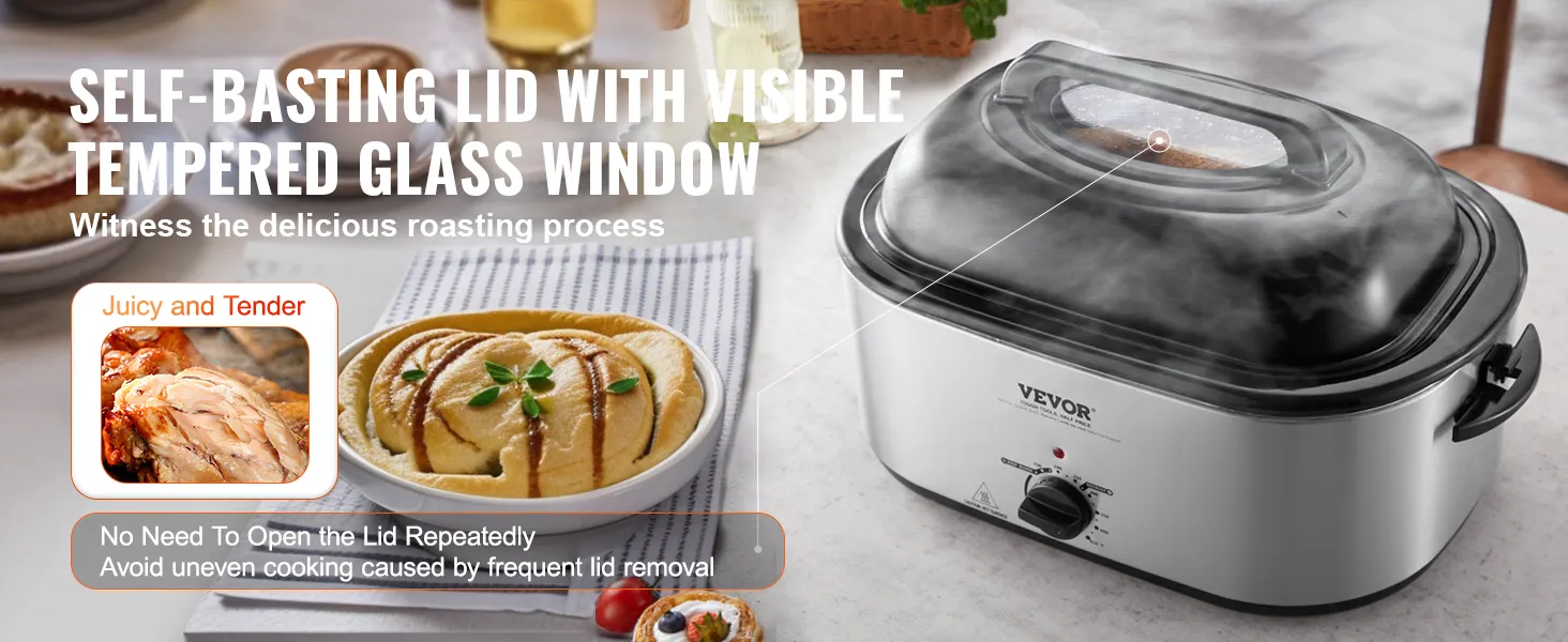 Horno tostador eléctrico VEVOR con tapa autocalentable, ventana de vidrio visible y jugosas rebanadas asadas.