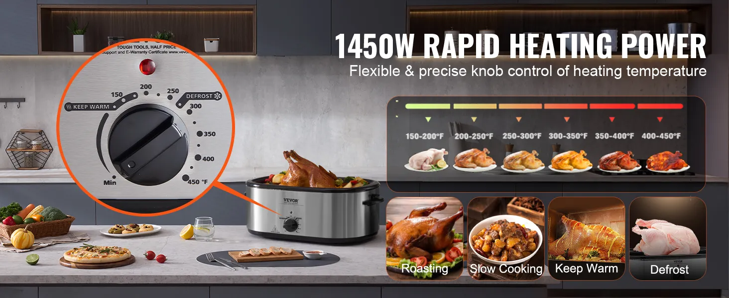 Horno tostador eléctrico VEVOR de 1450 W con control de temperatura flexible para asar, cocinar lentamente, mantener caliente y descongelar.