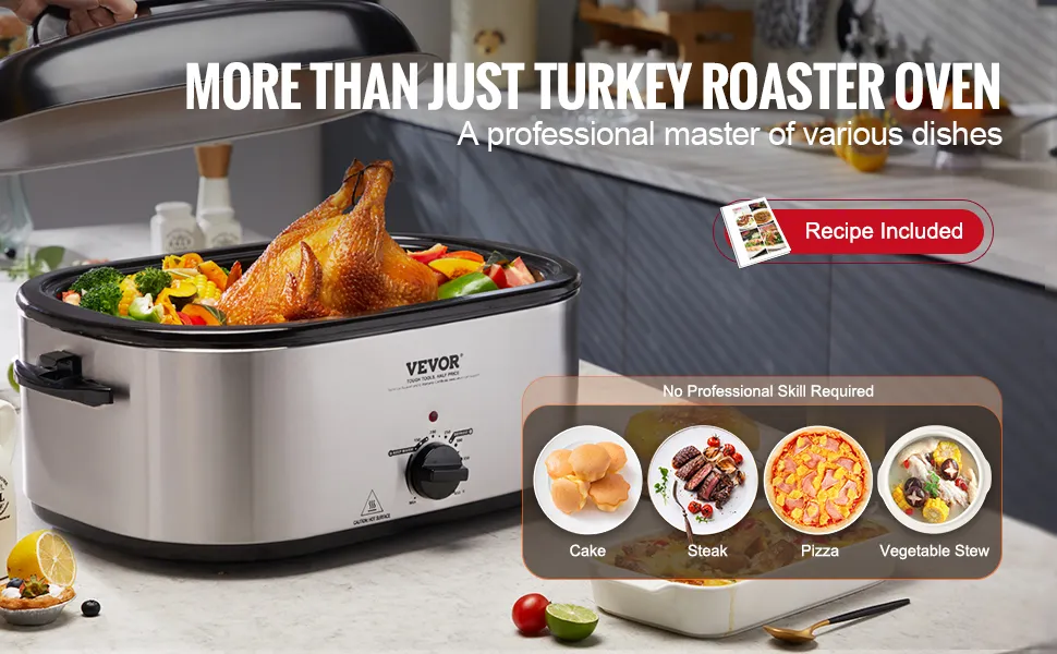 VEVOR Electric Roaster Oven, 26 QT Turkey Roaster Oven with Self-Basting Lid, 1450W Roaster Oven with Defrost & Warm Function, Adjustable Temperature, Removable Pan & Rack, Fits Turkeys Up to 30LBS