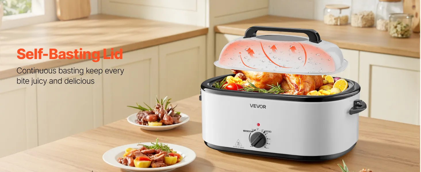 VEVOR Roaster Oven, 26QT Electric Roasting Pan, 150-450℉ Adjustable Temperature Fast-Cooking Turkey Roaster with Cool-Touch Handle, Visible Self-Basting Lid, Defrost & Warm Function, Fits 30lb Turkey