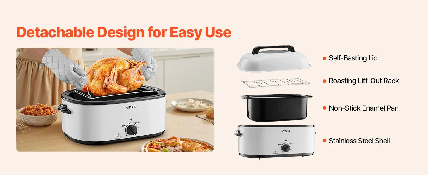 VEVOR Roaster Oven, 26QT Electric Roasting Pan, 150-450℉ Adjustable Temperature Fast-Cooking Turkey Roaster with Cool-Touch Handle, Visible Self-Basting Lid, Defrost & Warm Function, Fits 30lb Turkey