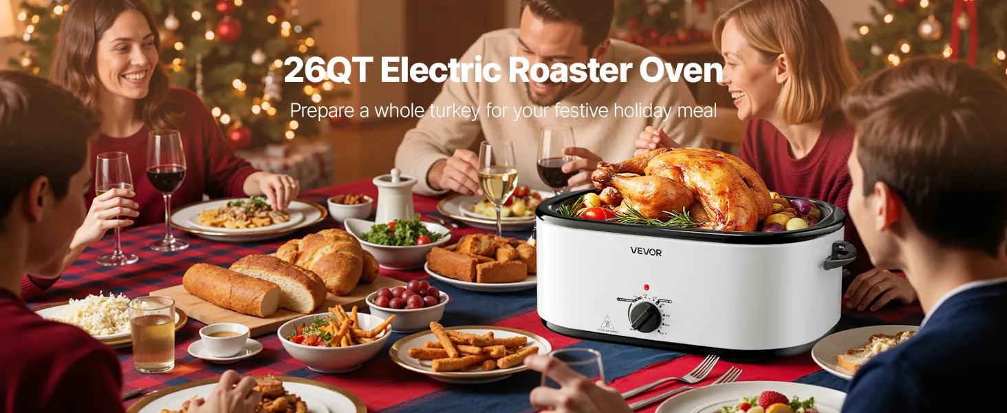 VEVOR Roaster Oven, 26QT Electric Roasting Pan, 150-450℉ Adjustable Temperature Fast-Cooking Turkey Roaster with Cool-Touch Handle, Visible Self-Basting Lid, Defrost & Warm Function, Fits 30lb Turkey