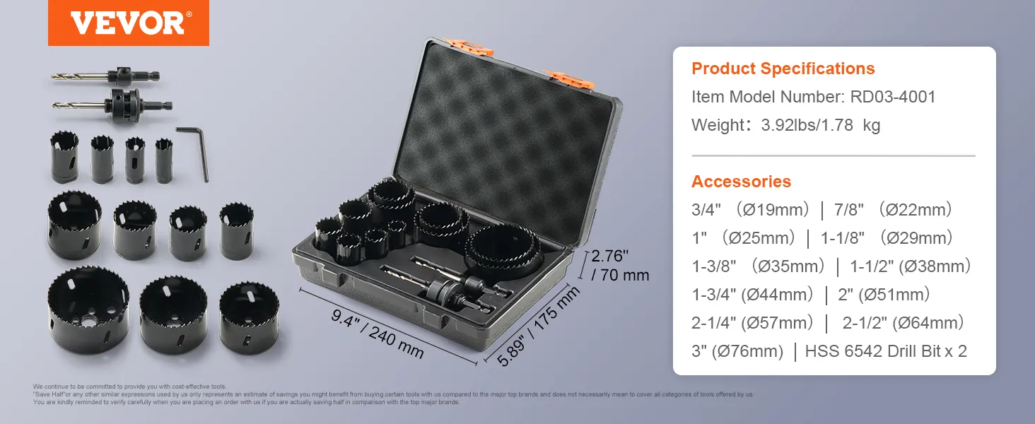 VEVOR hole saw kit with various saw sizes, drill bits, and a storage case, dimensions and specifications.