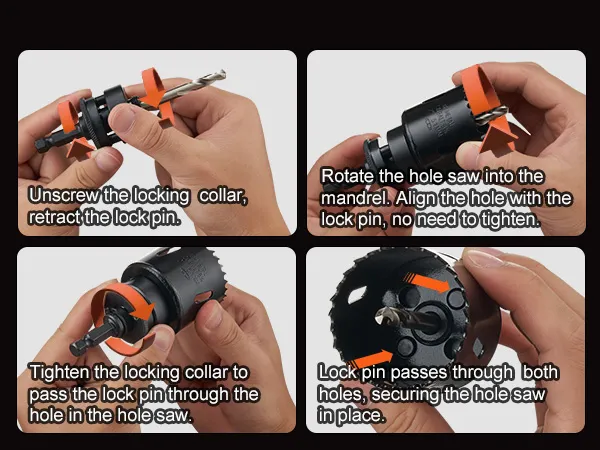 VEVOR hole saw kit compatibility and assembly steps with common power tools, including power screwdriver, hand drill, and drill press.