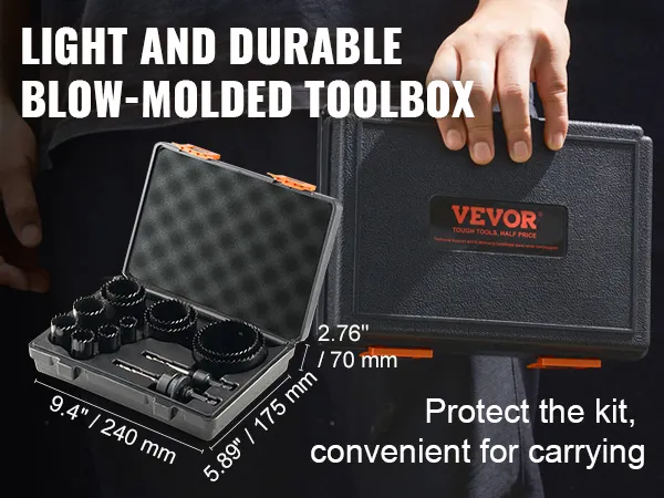 VEVOR hole saw kit in durable blow-molded toolbox, convenient for carrying and kit protection.