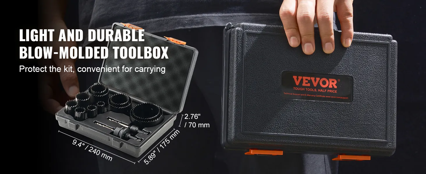 VEVOR hole saw kit in durable blow-molded toolbox, convenient for carrying and kit protection.