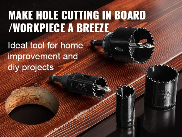 VEVOR hole saw kit for cutting wood, plastic, metal, and pvc boards, ideal for diy projects.