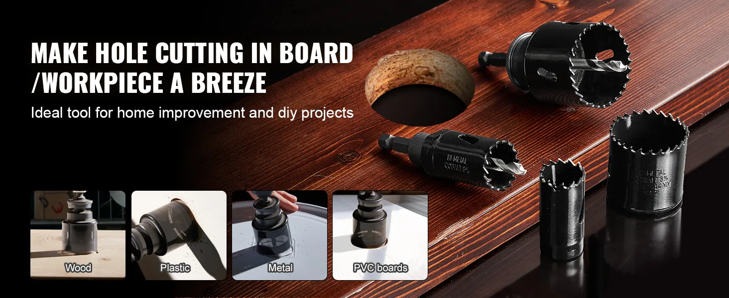 VEVOR hole saw kit for cutting wood, plastic, metal, and pvc boards, ideal for diy projects.