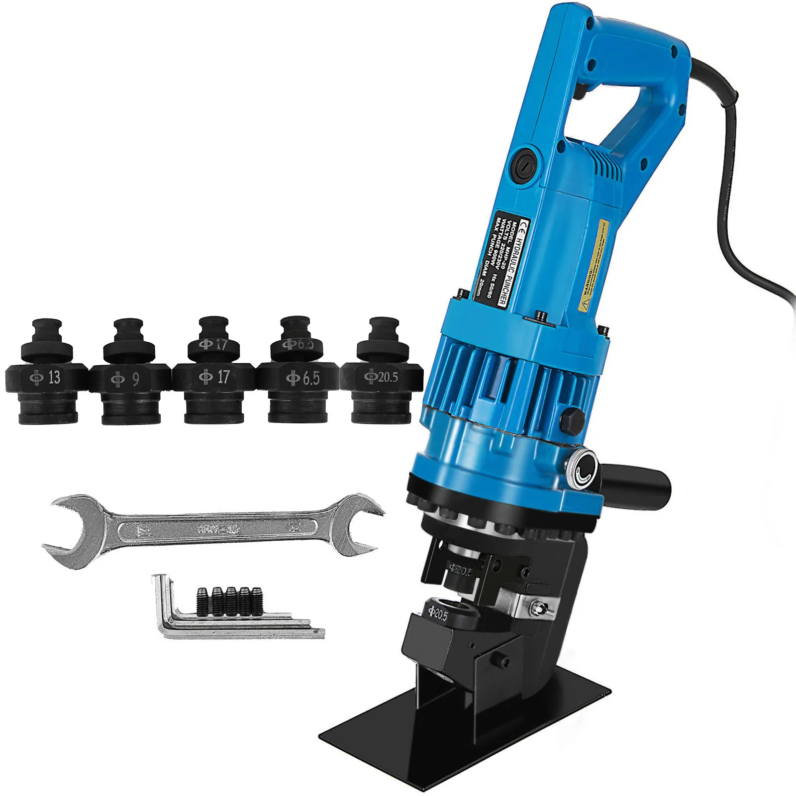 Perforadora hidráulica VEVOR, dispositivo azul con seis juegos de matrices, llave y llaves hexagonales.