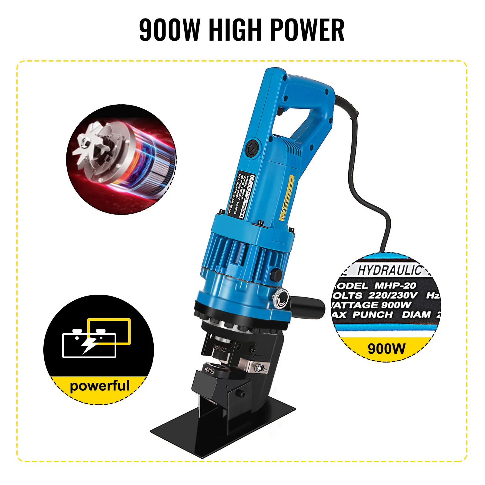 Perforadora hidráulica VEVOR, 900w de alta potencia con motor y especificaciones.