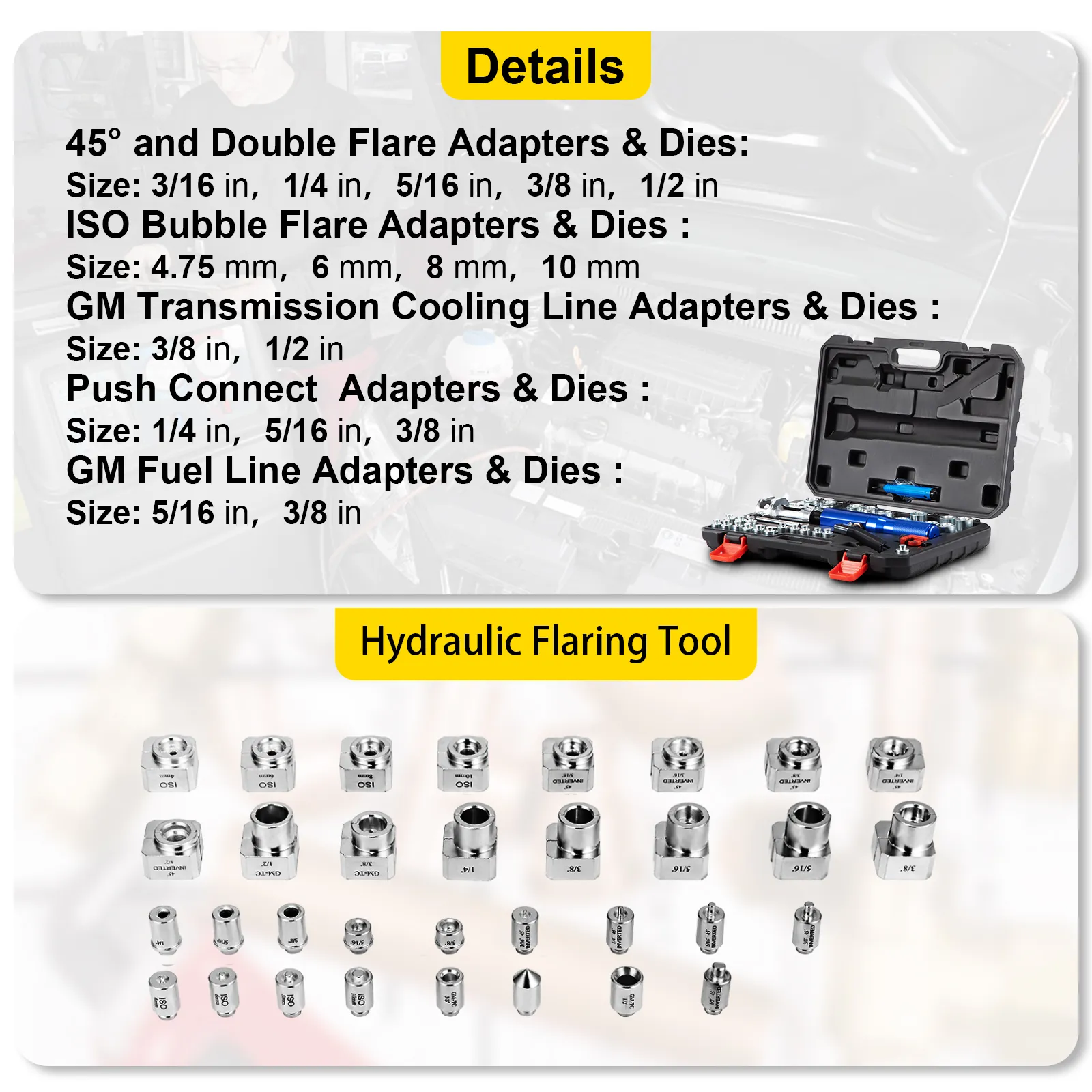VEVOR hydraulic flaring tool kit with various adapters and dies displayed.