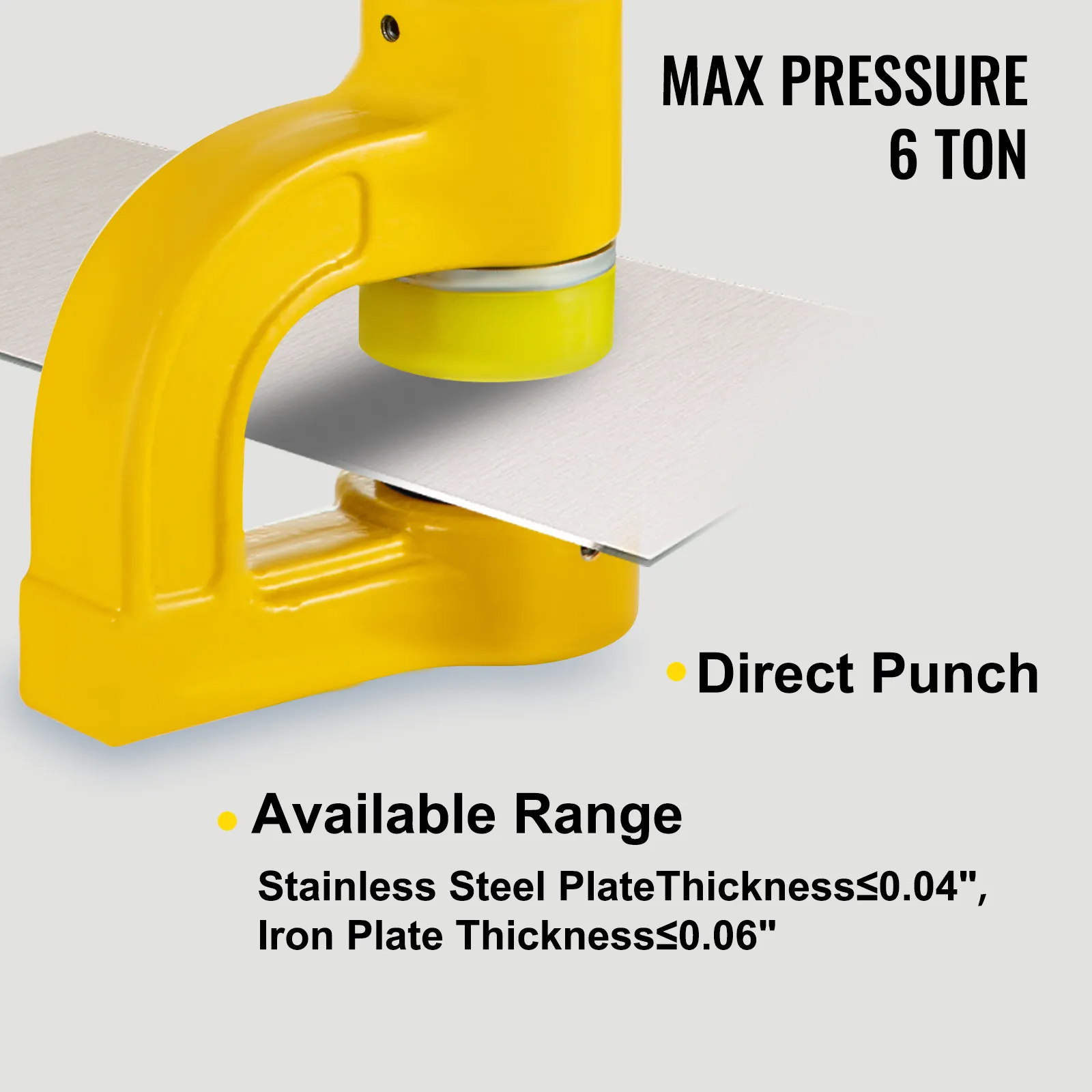 yellow VEVOR hydraulic hole punching machine punching metal sheet, max pressure 6 ton.