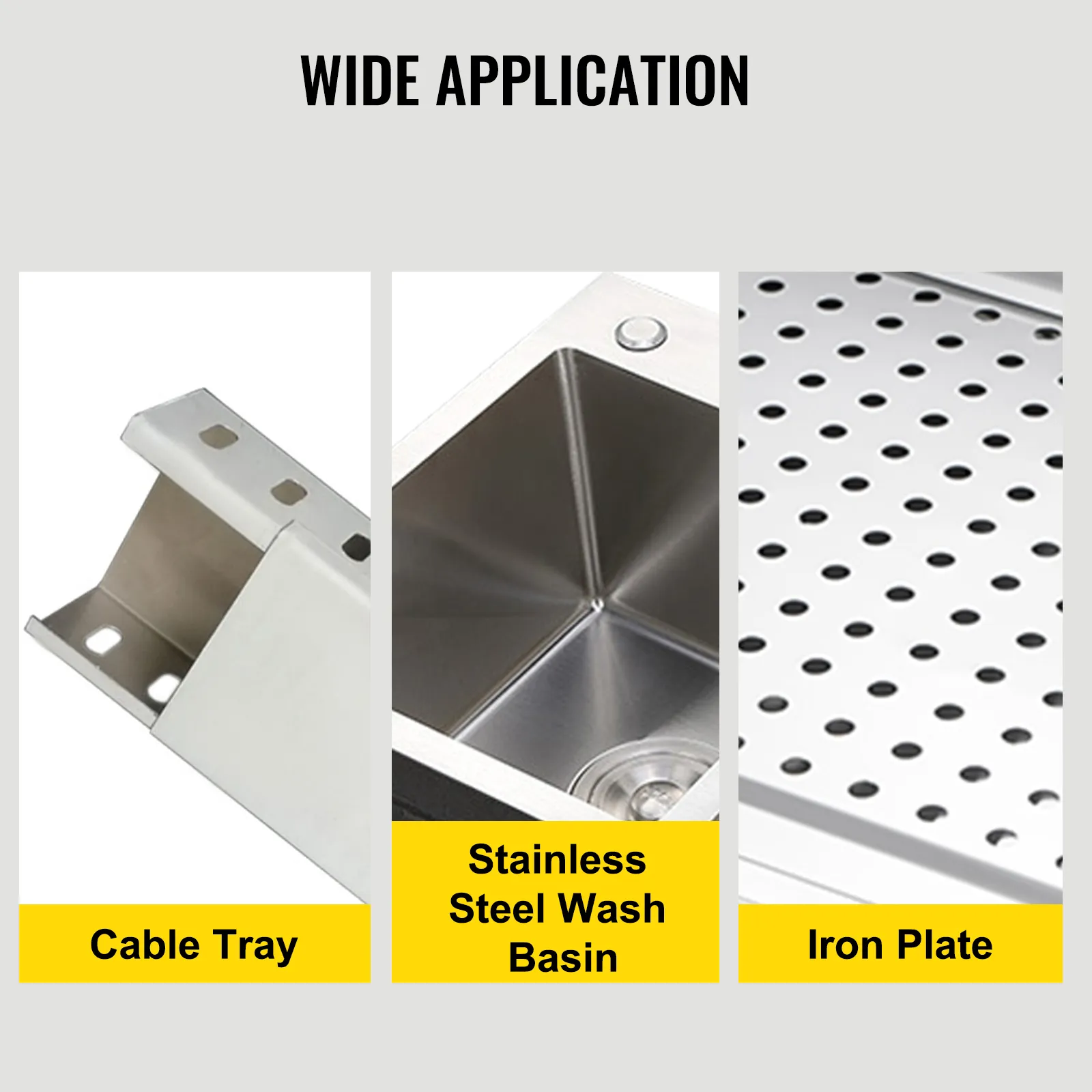 wide application of VEVOR hydraulic hole punching machine: cable tray, wash basin, iron plate.