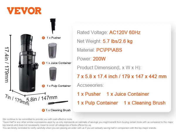 Exprimidor masticador VEVOR con empujador, recipiente para jugo, recipiente para pulpa y cepillo de limpieza. 200w, 5.7 lbs.