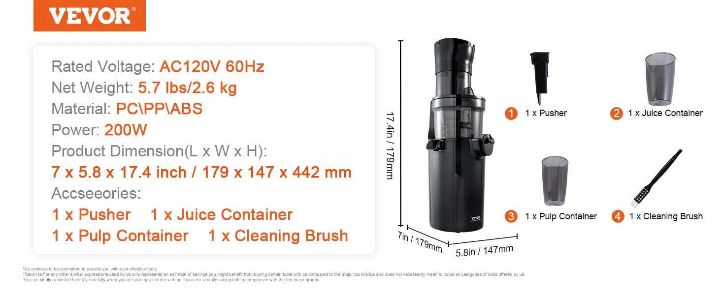 Exprimidor masticador VEVOR con empujador, recipiente para jugo, recipiente para pulpa y cepillo de limpieza. 200w, 5.7 lbs.