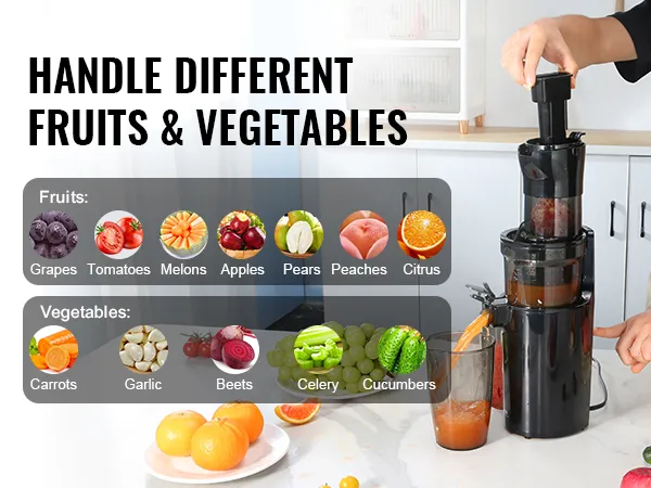 Exprimidor masticador VEVOR que maneja diversas frutas y verduras, con uvas, tomates, melones, manzanas y más.