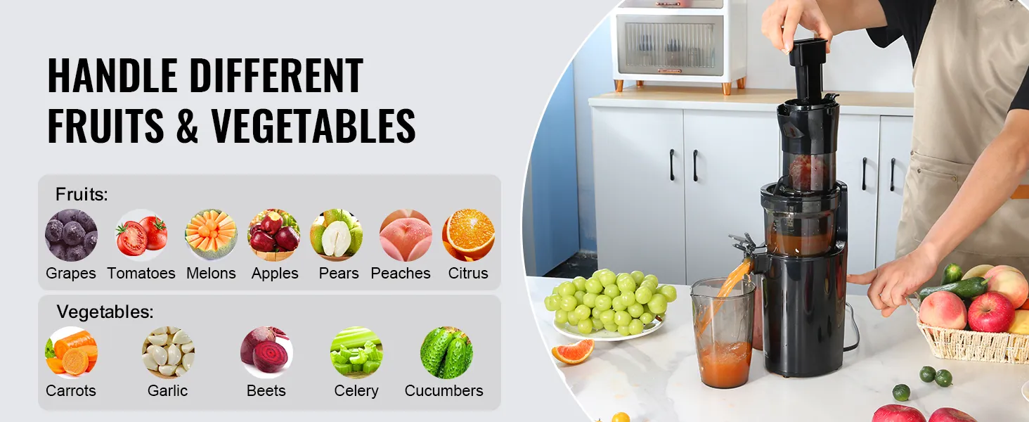 Exprimidor masticador VEVOR que maneja diversas frutas y verduras, con uvas, tomates, melones, manzanas y más.