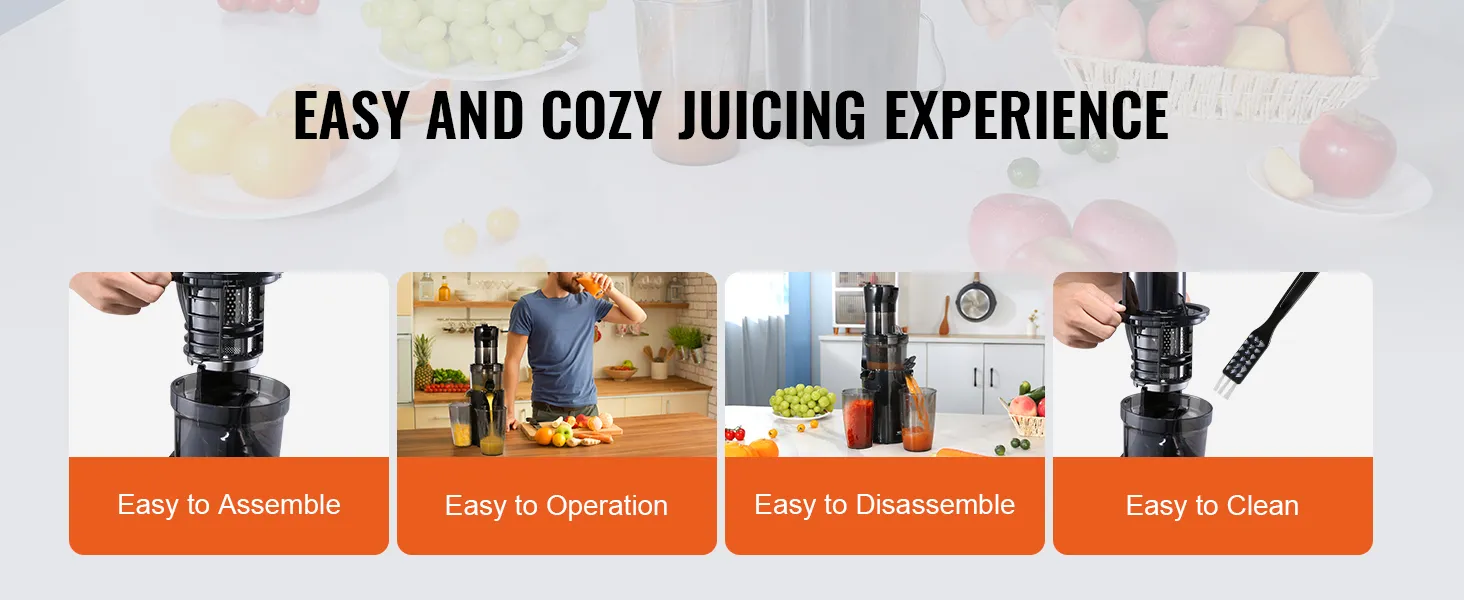 Exprimidor masticador VEVOR: fácil de montar, operar, desmontar y limpiar para una experiencia de jugo agradable.