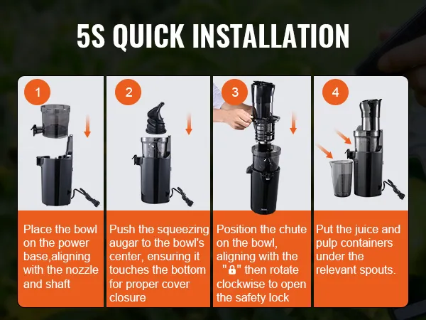 5 pasos para instalar el exprimidor masticador VEVOR: alinear el recipiente, insertar el sinfín, colocar el conducto y agregar recipientes.