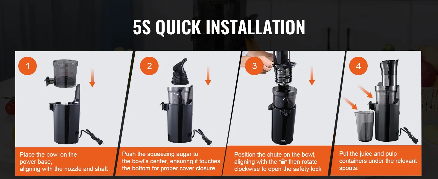 5 pasos para instalar el exprimidor masticador VEVOR: alinear el recipiente, insertar el sinfín, colocar el conducto y agregar recipientes.