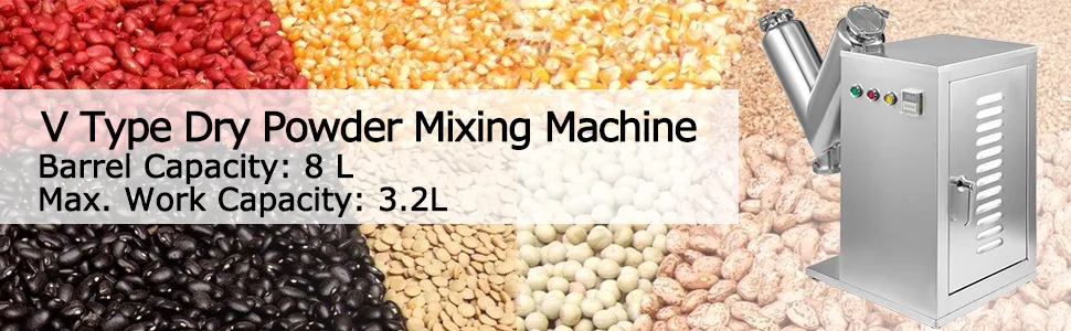Mezclador de polvo VEVOR con capacidad de barril de 8 l y capacidad máxima de trabajo de 3,2 l.