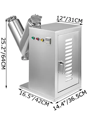 Mezclador de polvo VEVOR con botones de control, dimensiones etiquetadas.
