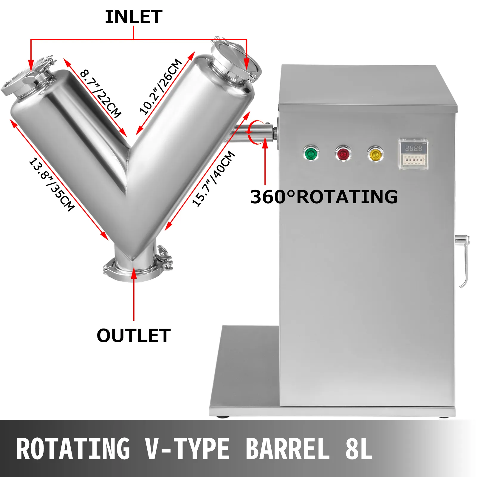 Mezclador de polvos VEVOR con barril giratorio tipo V, acero inoxidable, capacidad de 8l.