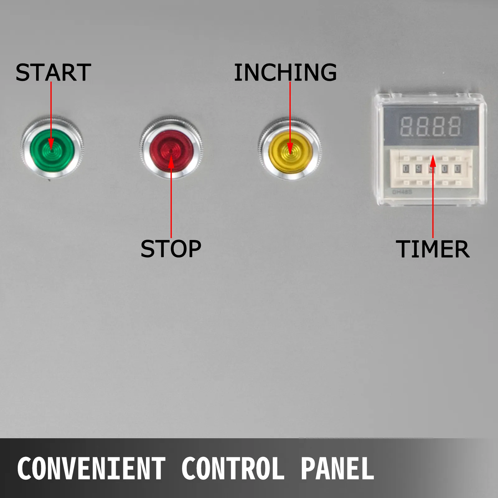 Panel de control con botones de inicio, parada, avance lento y temporizador para mezclador de polvo VEVOR.