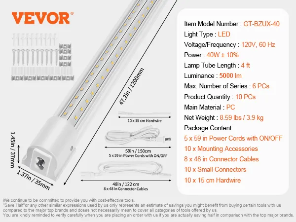 Luz de tienda LED VEVOR, 4 pies, 40 W, 5000 lm, 120 V, el paquete incluye cables de alimentación, cables de conector, hardware.