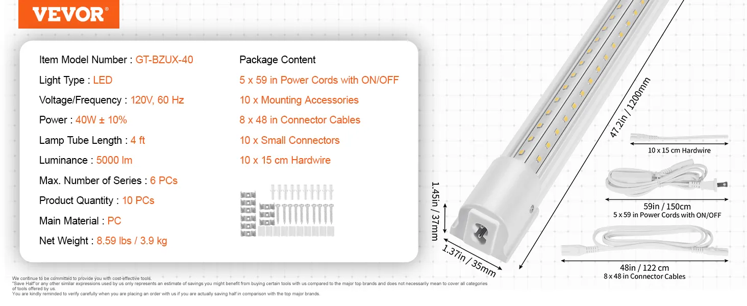 Luz de tienda LED VEVOR, 4 pies, 40 W, 5000 lm, 120 V, el paquete incluye cables de alimentación, cables de conector, hardware.