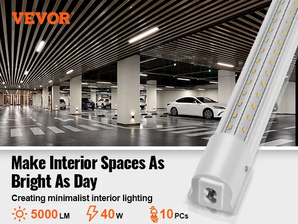 La iluminación LED para tienda VEVOR ilumina un estacionamiento moderno con 5000 lúmenes, 40 W, iluminación minimalista.