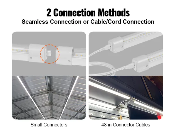 2 métodos de conexión para la luz de tienda LED VEVOR: conectores sin costura, conexión de cable de 48 pulgadas.