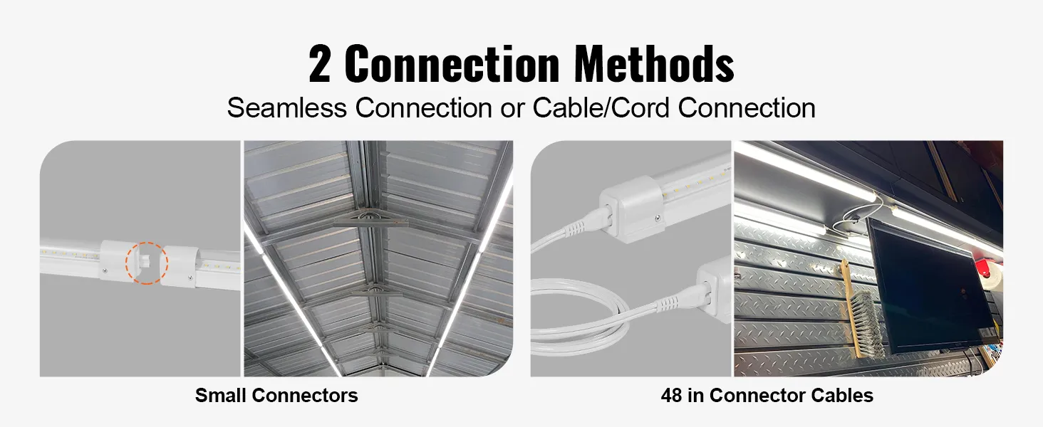 2 métodos de conexión para la luz de tienda LED VEVOR: conectores sin costura, conexión de cable de 48 pulgadas.